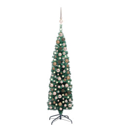 Sapin de Noël artificiel mince et LED et boules Vert 150 cm