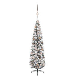 Arbre de Noël artificiel mince avec LED et boules Vert 210 cm