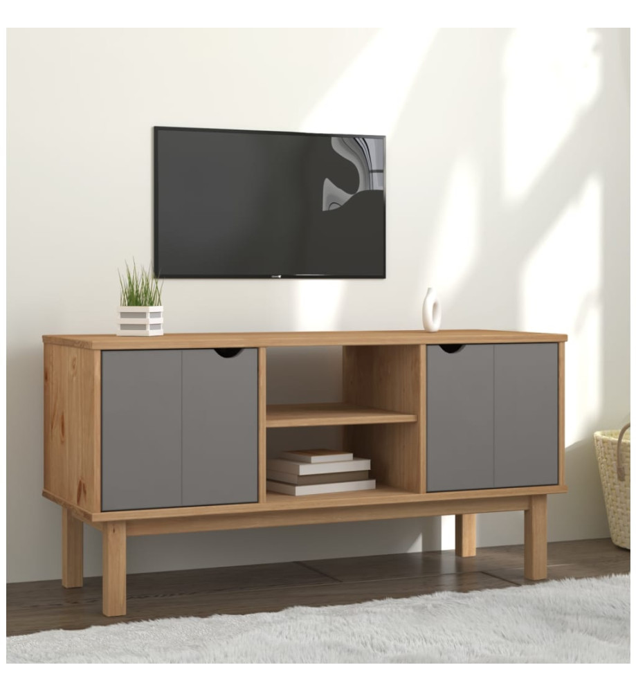 Meuble TV OTTA Marron et gris 113,5x43x57 cm Bois massif pin