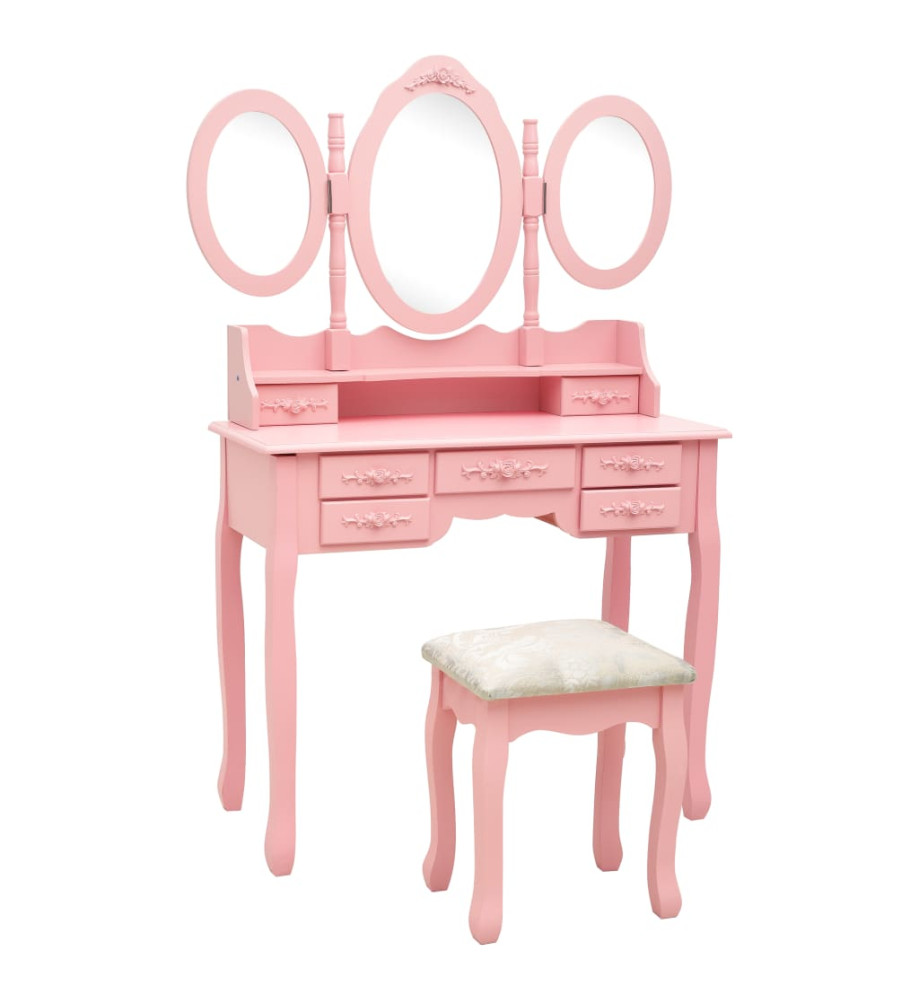 Coiffeuse avec tabouret et miroir pliable en 3 Rose