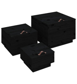 Boîtes de rangement et couvercles 3 pcs Noir Bois massif de pin