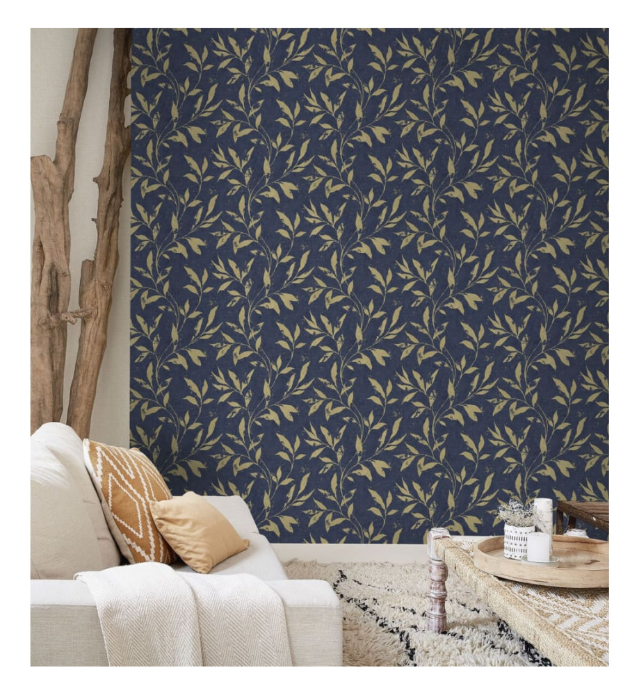 DUTCH WALLCOVERINGS Papier peint Leafs Bleu et doré