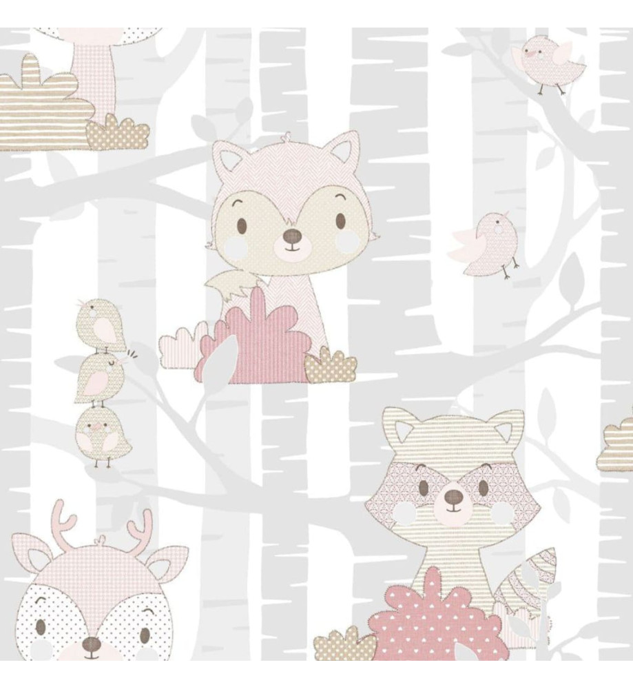 Noordwand Papier peint Mondo baby Forest Animals Gris et rose