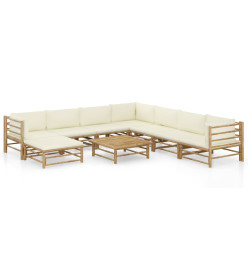 Salon de jardin 9 pcs avec coussins blanc crème Bambou