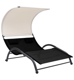 Chaise longue double avec auvent Textilène Noir