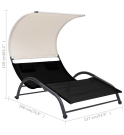 Chaise longue double avec auvent Textilène Noir