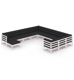 Salon de jardin 12 pcs avec coussins Blanc Bois de pin massif