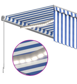 Auvent manuel rétractable et store et LED 3x2,5 m Bleu et blanc