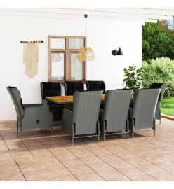 Mobilier à dîner 9 pcs avec coussins Résine tressée Gris clair
