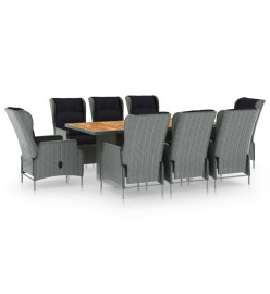 Mobilier à dîner 9 pcs avec coussins Résine tressée Gris clair