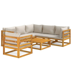 Salon de jardin 7 pcs avec coussins gris clair bois massif