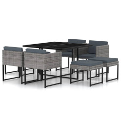 Salon de jardin 9 pcs avec coussins Résine tressée Gris