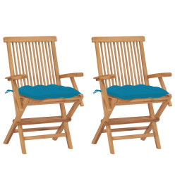 Chaises de jardin 2 pcs avec coussins bleu clair Teck massif