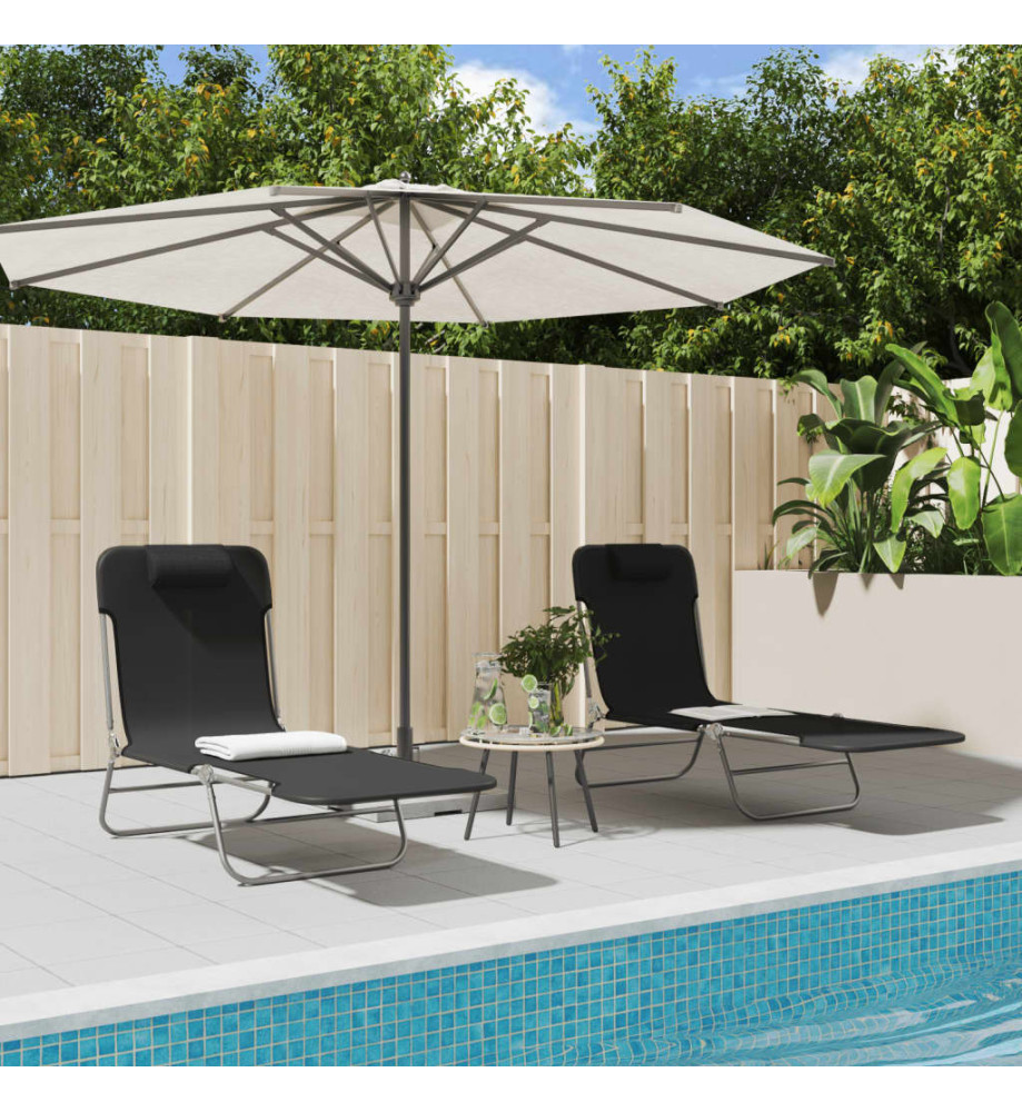 Chaises longues pliables 2 pcs noir textilène et acier Chaises longues pliables 2 pcs noir textilène et acier