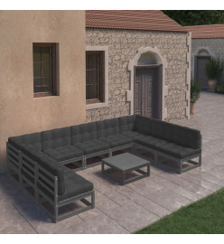 Salon de jardin 10 pcs avec coussins Noir Bois de pin massif