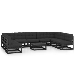 Salon de jardin 10 pcs avec coussins Noir Bois de pin massif