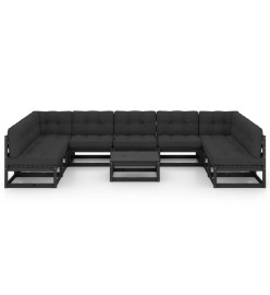 Salon de jardin 10 pcs avec coussins Noir Bois de pin massif