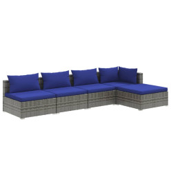 Salon de jardin 5 pcs avec coussins résine tressée gris