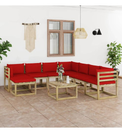 Salon de jardin 9 pcs avec coussins bois de pin imprégné