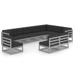 Salon de jardin 10 pcs avec coussins Gris Bois de pin massif