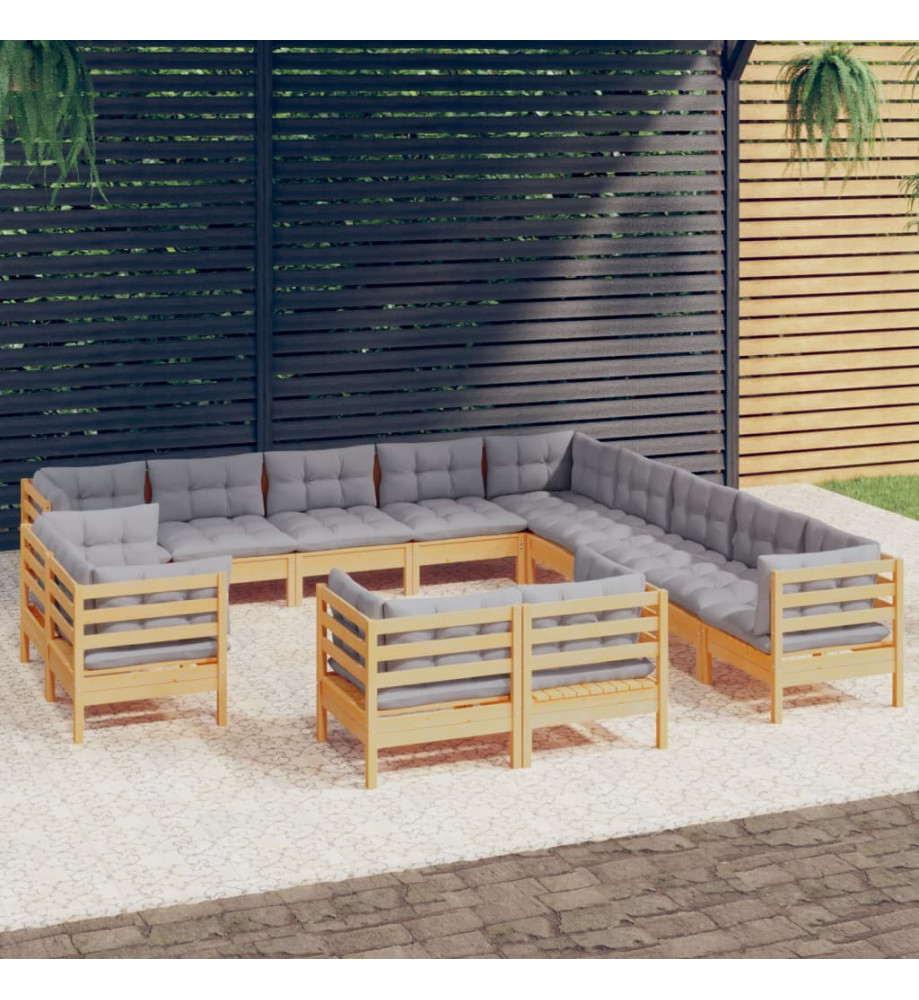 Salon de jardin 13 pcs avec coussins gris bois de pin solide Salon de jardin 13 pcs avec coussins gris bois de pin solide
