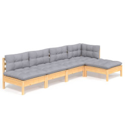 Salon de jardin 5 pcs avec coussins gris bois de pin