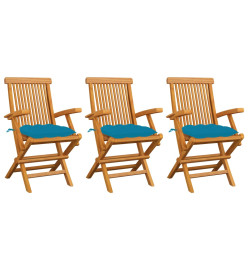 Chaises de jardin avec coussins bleu clair 3 pcs Teck massif