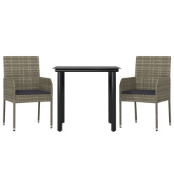 Mobilier à dîner de jardin 3pcs avec coussins noir et gris