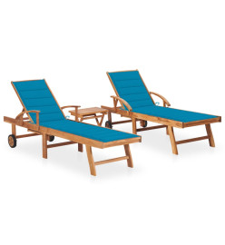 Chaises longues 2 pcs avec table et coussin Bois de teck solide