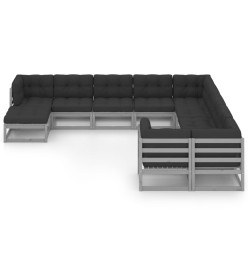 Salon de jardin 11 pcs avec coussins Gris Bois de pin massif