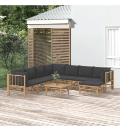 Salon de jardin 9 pcs avec coussins gris foncé bambou