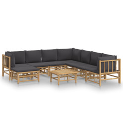 Salon de jardin 9 pcs avec coussins gris foncé bambou