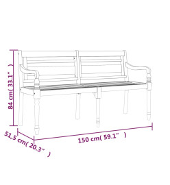Banc Batavia coussin à motif de carreaux gris 150cm Bois teck