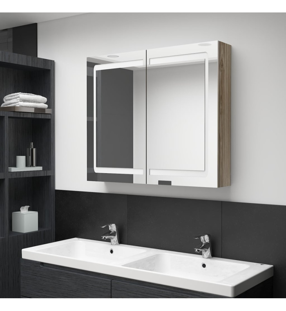 Armoire de salle de bain à miroir LED Chêne 80x12x68 cm