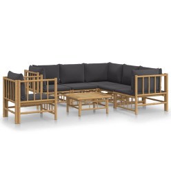 Salon de jardin 7 pcs avec coussins gris foncé bambou