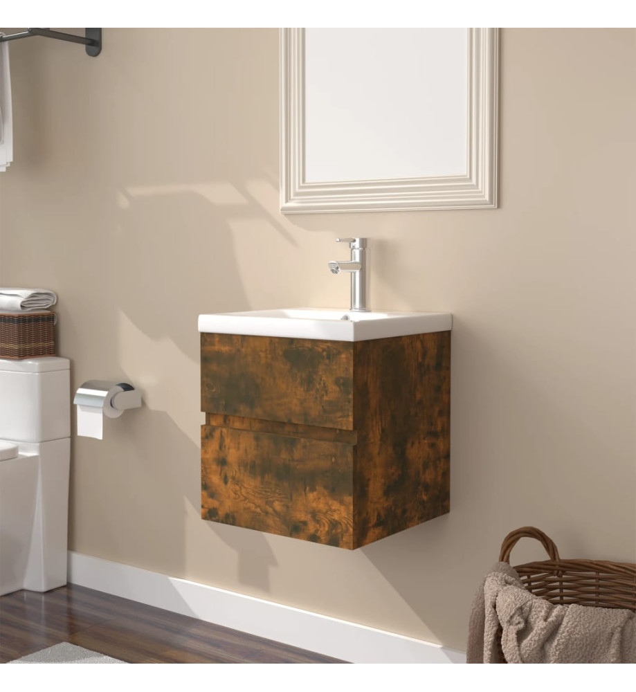 Meuble lavabo avec bassin intégré Chêne fumé Bois d'ingénierie