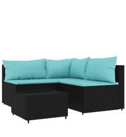 Salon de jardin 4 pcs avec coussins Noir Résine tressée