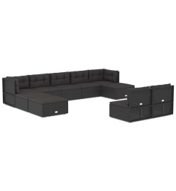 Salon de jardin 10 pcs avec coussins noir résine tressée