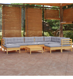 Salon de jardin 10 pcs avec coussins gris bois de pin solide