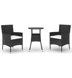 Ensemble de bistro de jardin 3 pcs coussins noir poly rotin