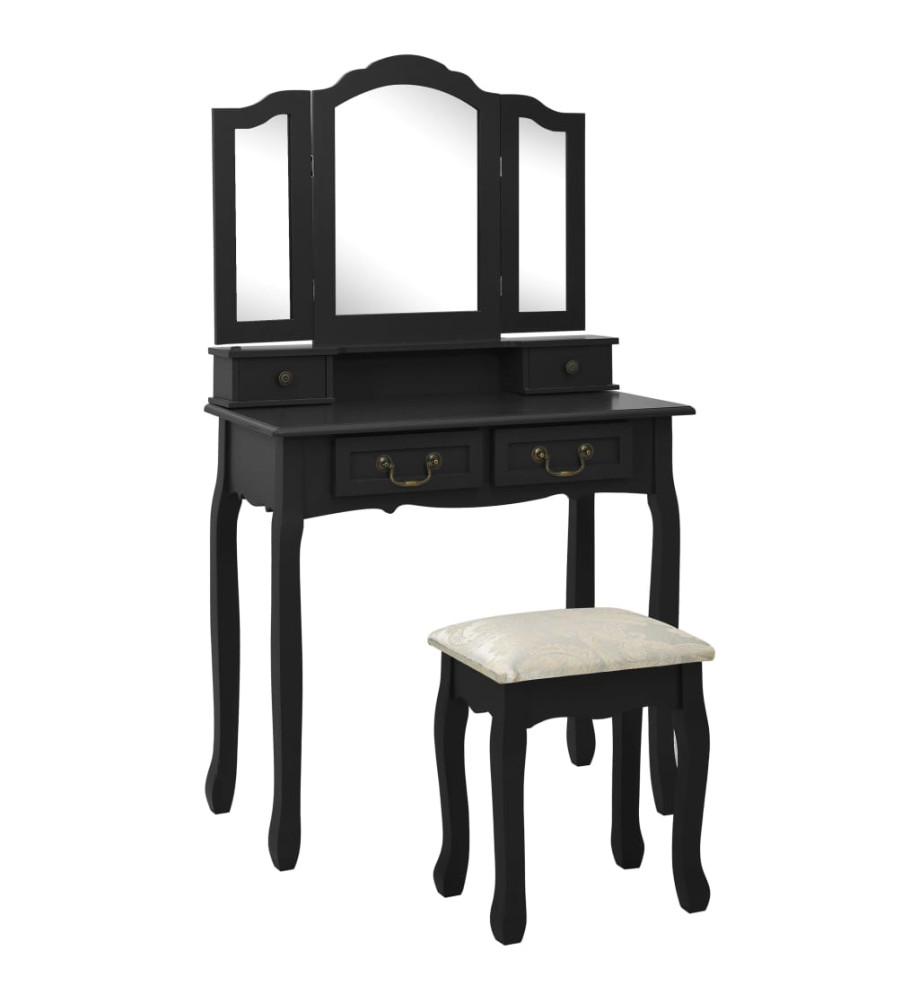 Ensemble de coiffeuse avec tabouret Noir 80x69x141 cm Paulownia