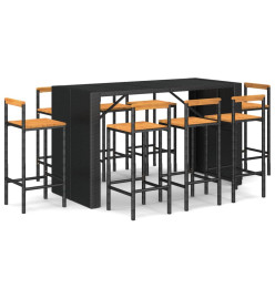 Ensemble de bar jardin 9 pcs noir poly rotin/bois massif acacia