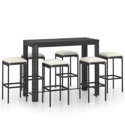 Ensemble de bar de jardin 7 pcs et coussins Résine tressée Noir