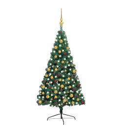 Demi-arbre de Noël artificiel pré-éclairé et boules vert 210 cm