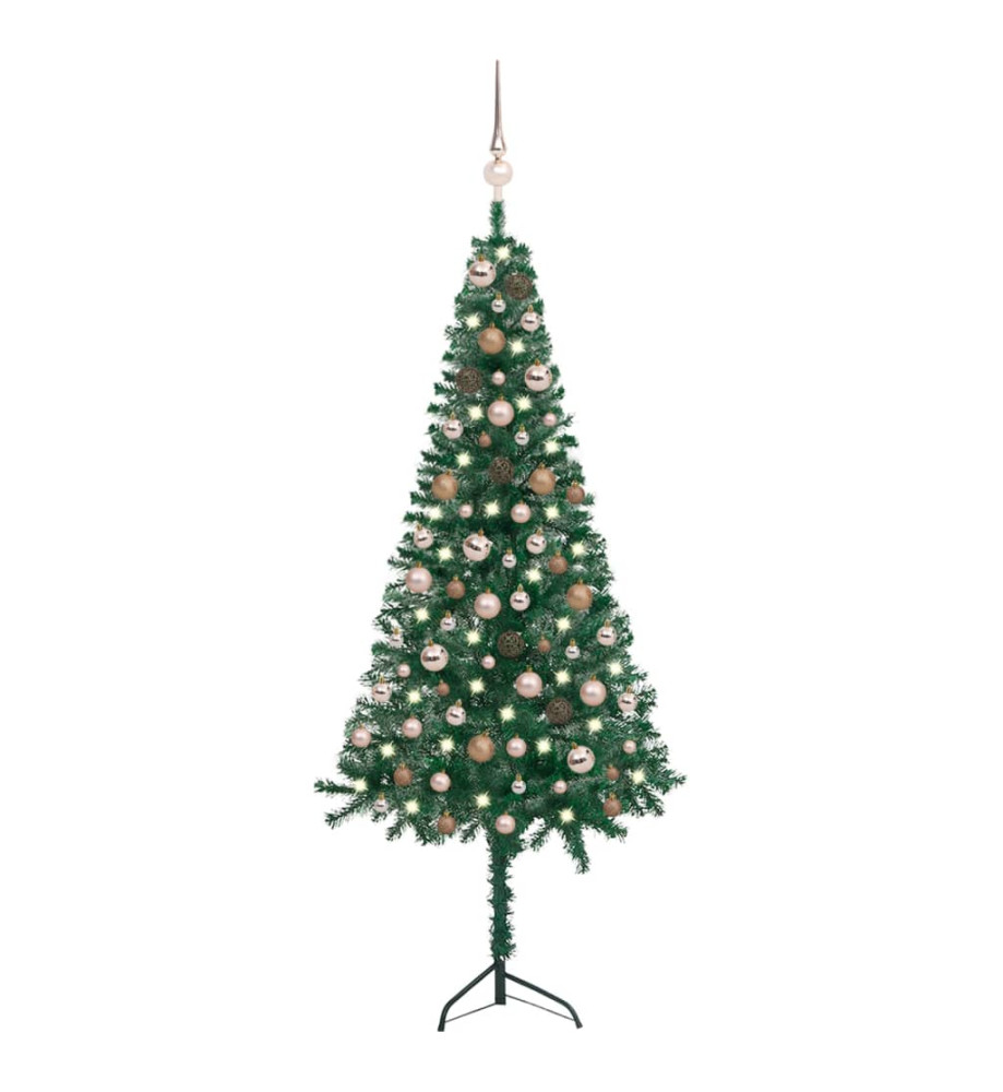 Arbre de Noël artificiel d'angle LED et boules Vert 150 cm PVC