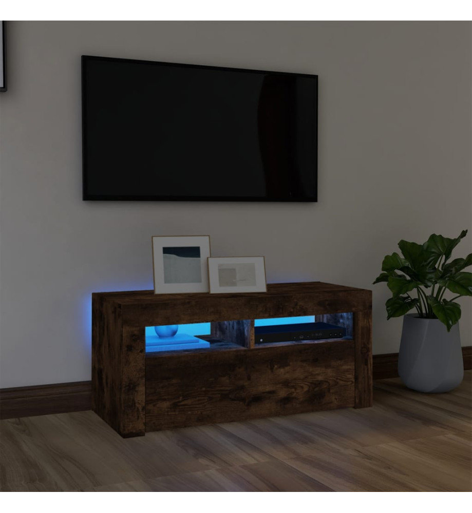 Meuble TV avec lumières LED Chêne fumé 90x35x40 cm