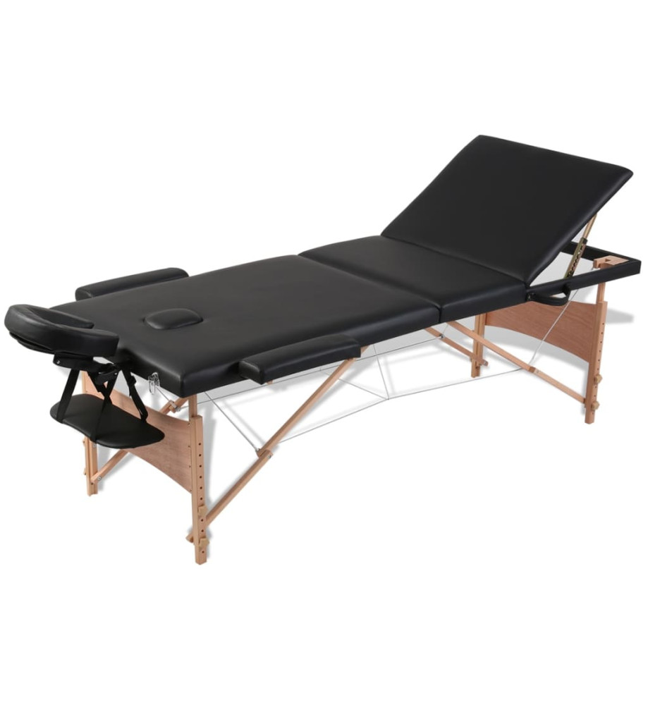 Table de massage pliable Noir 3 zones avec cadre en bois