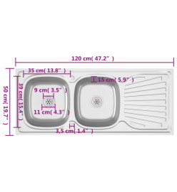 Évier de cuisine à double évier argenté 1200x500x155 mm inox