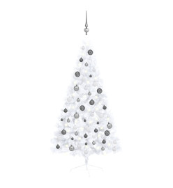 Demi-arbre de Noël artificiel pré-éclairé et boules blanc 150cm