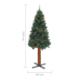 Sapin de Noël mince avec bois véritable et cônes vert 150cm PVC